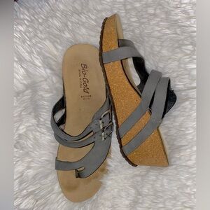 Bio Gold Sandals Gray Cork Leather Bohemian Comfort Platform Wedge